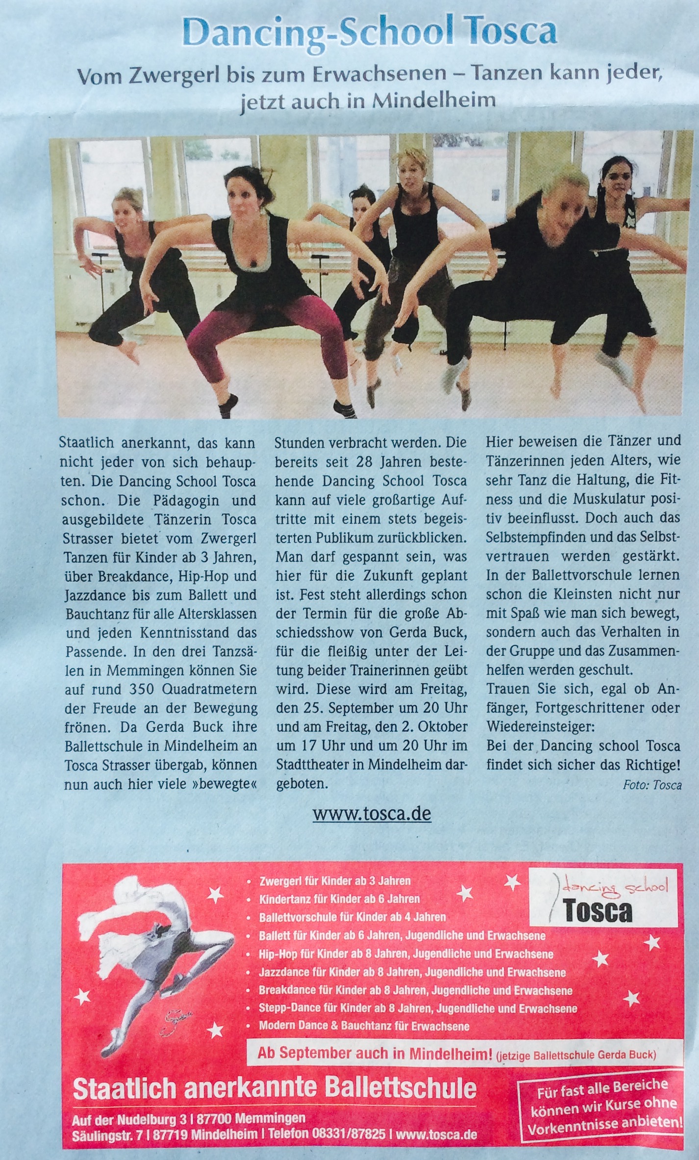 Zeitungsartikel über Dancing School Tosca im Mindelheimer Kurier
